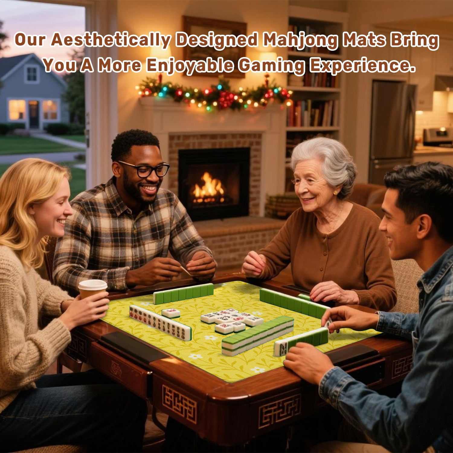 Mahjong Mat 31.5" x 31.5" Yellow Floral White Daisies Green Leaves Non-Slip Noise Reduction American Mahjong Tiles Table Cover for Dominoes Poker Card Board Games Gift
