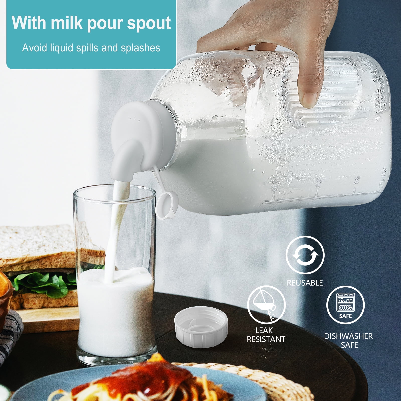 Syntic 4 Pack Glass Milk Bottles with Handle and Airtight Reusable Screw Lids, 1/2 Gal Glass Water & Juice Bottles with 2 Pour Spouts, 64 Oz Milk Jug Pitcher