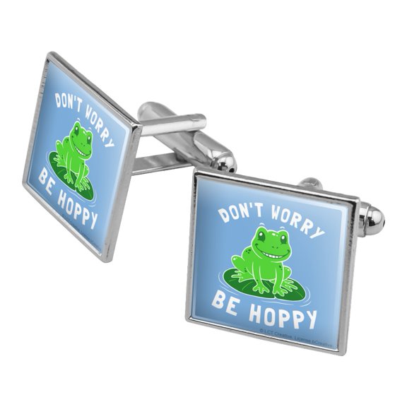 Don't Worry Be Hoppy Frog Funny Humor Square Cufflink Set - Silver or Gold