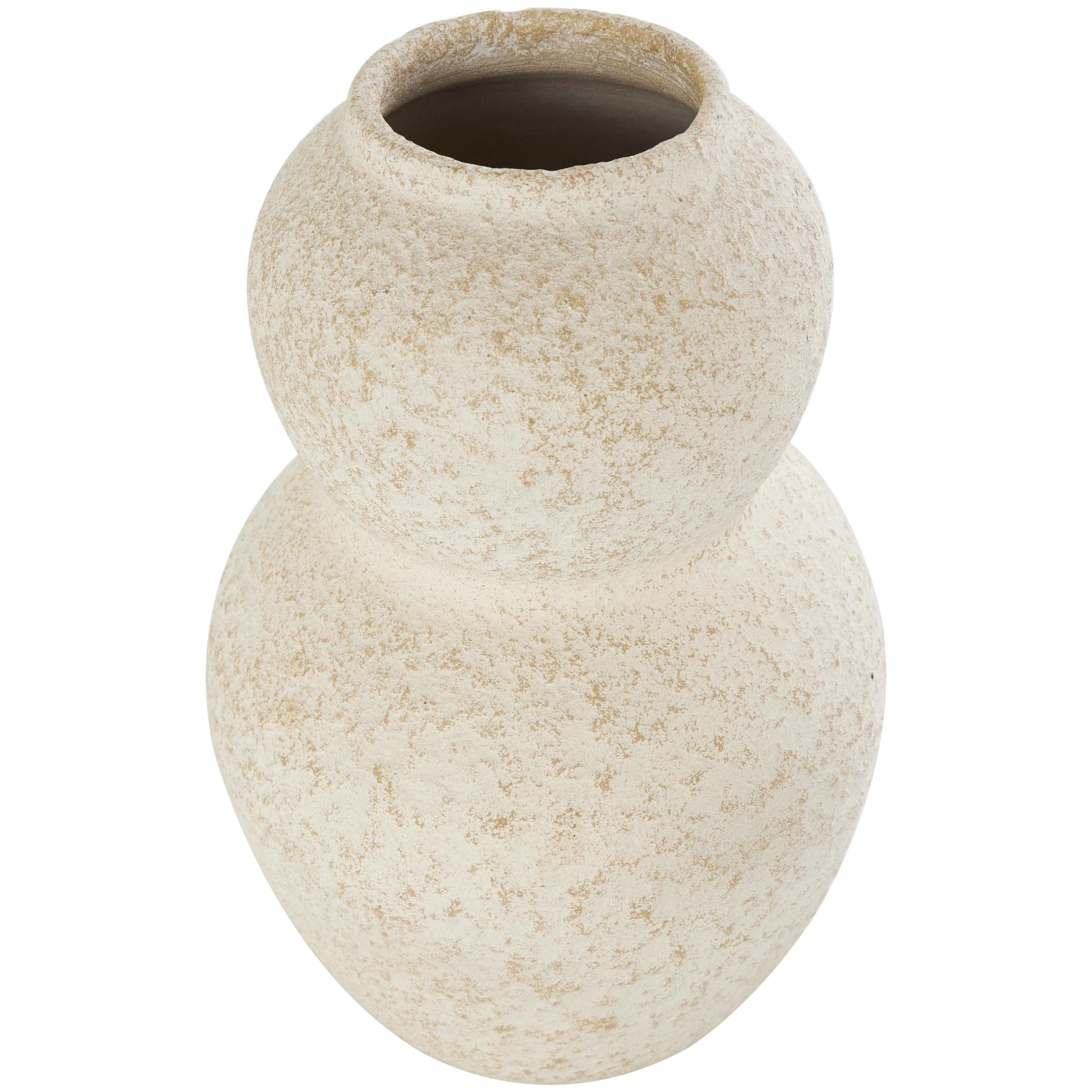 DecMode 12" Hourglass Textured Cream Ceramic Vase with Brown Distressing