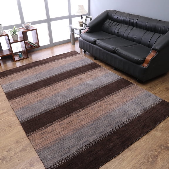 Rugsotic Carpets Hand Knotted Wool Area Rug 8'x10' Dark Brown Beige Contemporary Rectangle Indoor Rug for Living Room, Bedroom Antimicrobial L00206