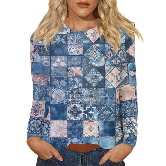 WTOBBY Women's Floral Print Fashion Long Sleeve T-shirt with Round Neck Top Casual Wear Comfort Fit Soft Material Lightweight Fabric Daily Outfit Essential Stylish Layering Piece,Blue L
