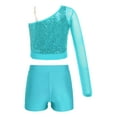 thumbnail image 2 of Doomiva Kids Girls Hip Hop Jazz Dance Outfits Sequins Mesh Long Sleeve One Shoulder Crop Top and Booty Shorts Set Light Blue 6, 2 of 6