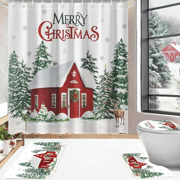 Christmas Shower Curtain Sets 4pcs Winter Pine Tree Bathroom Decor Set with Showe Curtain Rugs Toilet Lid Cover, Xmas Tree Holiday Bath Curtain with 12 Hooks (White, 70.8" L x 70.8W, Barn)