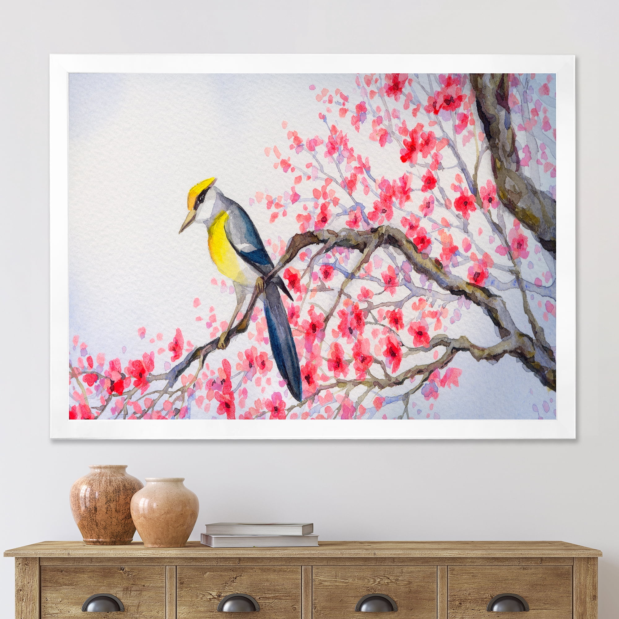 Beautiful Red Bird Sitting On Flowering Branch II 32 in x 16 in Framed Painting Canvas Art Print, by Designart