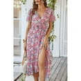 thumbnail image 2 of Women's Floral Boho Dress Wear To Work Wrap V Neck Short Sleeve Belted Ruffle Hem A-Line Flowy Maxi Dresses, 2 of 6