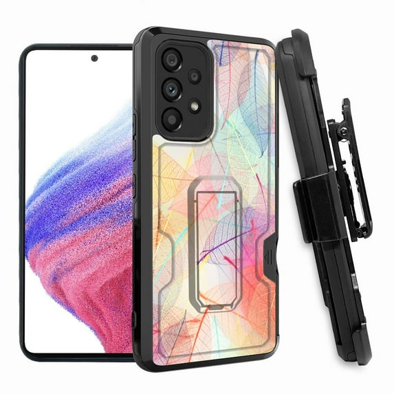 ANJ+ Rugged Shockproof Hoster Case w/Card Slot, Kickstand + Tempered Glass Cover for Samsung Galaxy A33 5G - Colorful Leaves