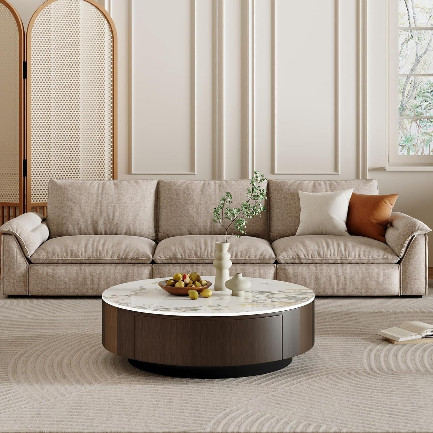 FHKJ HOME 35.4" Modern Round Coffee Table with Storage Drawer, White Sintered Stone Top