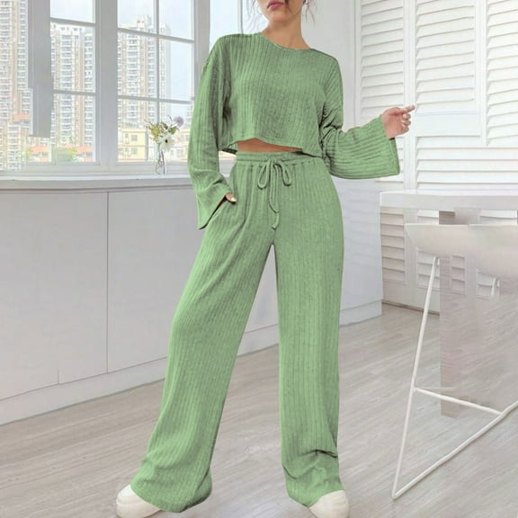 tarylea Ribbed Lounge Sets for Women 2 Piece Outfits Long Sleeve Crew Neck Crop Top Drawstring Straight Leg Pants Casual Fall Dressy Sets