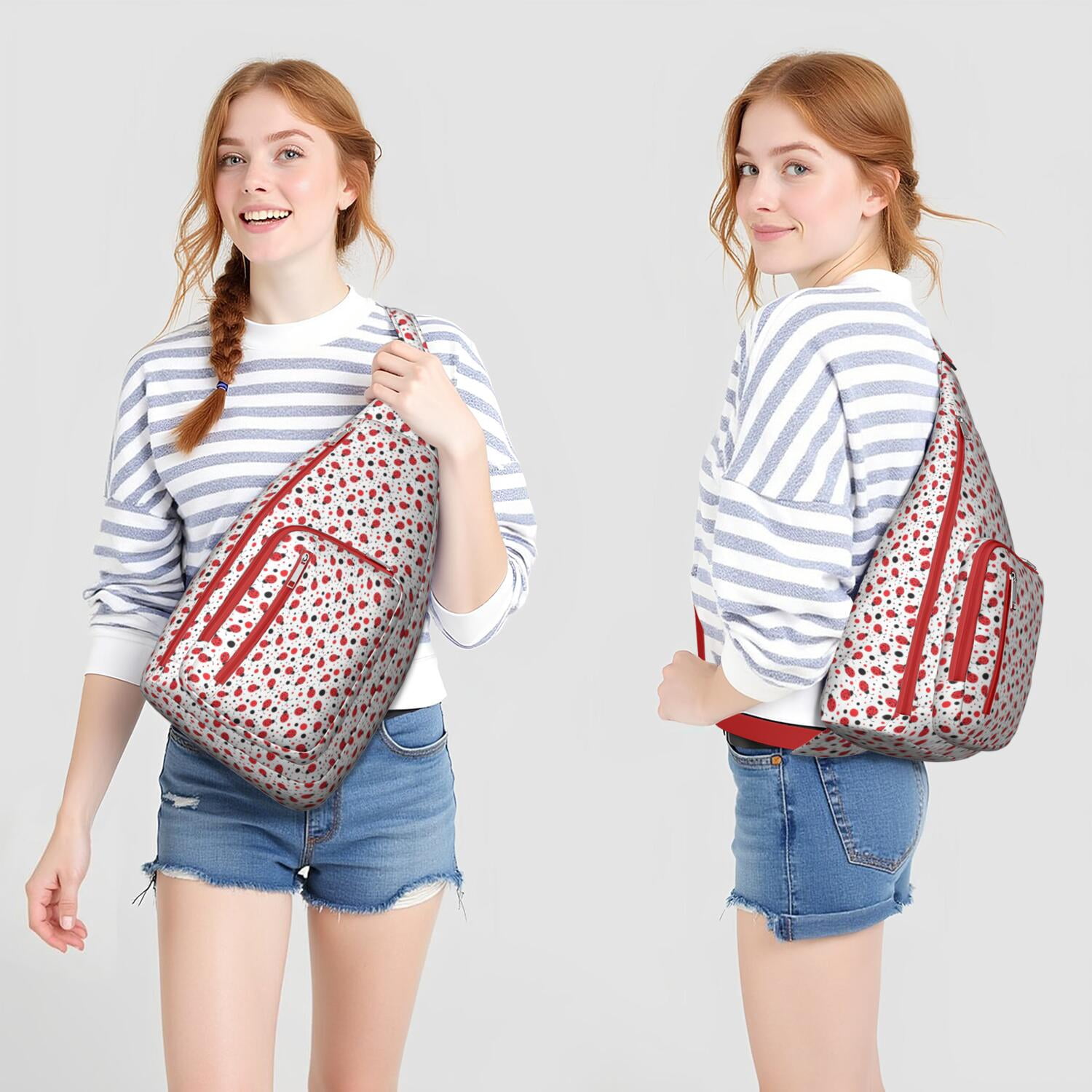 Cute Ladybug Print Sling Bag - Polka Dot Ladybird Crossbody Backpack for Women & Men, Water-Resistant Shoulder Daypack (Cartoon Nature Insect Design, Garden Themed Casual Bag)