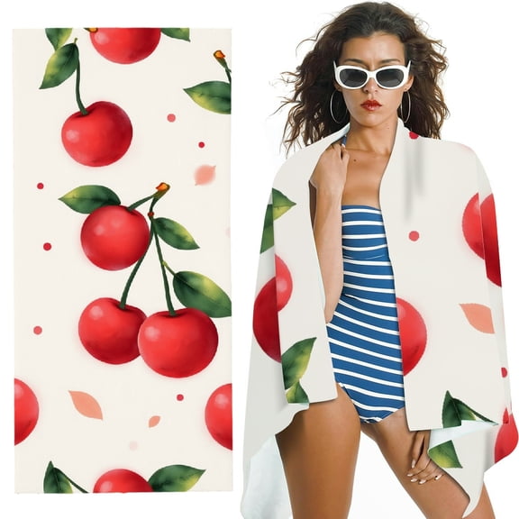 RKSupls Cherry Pattern Microfiber Beach Towel, Extra Large Quick Dry Lightweight Absorbent Towel for Travel Swimming Camping, Soft Super Absorbent- 30x60 in