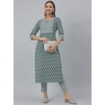 thumbnail image 3 of Jansaya Indian Keyhole Neck 3/4 Sleeve Block Print Green Cotton Straight Kurta with Pant For Women, 3 of 8