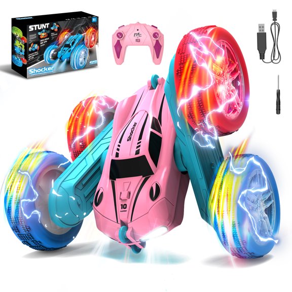 JoyStone Remote Control Car, 4WD 2.4Ghz Rechargeable RC Stunt Car with Double Sided 360 Flips and Headlights Wheel Lights, Off-Road Stunt Toy Cars Gift for Boys Girls (Pink)
