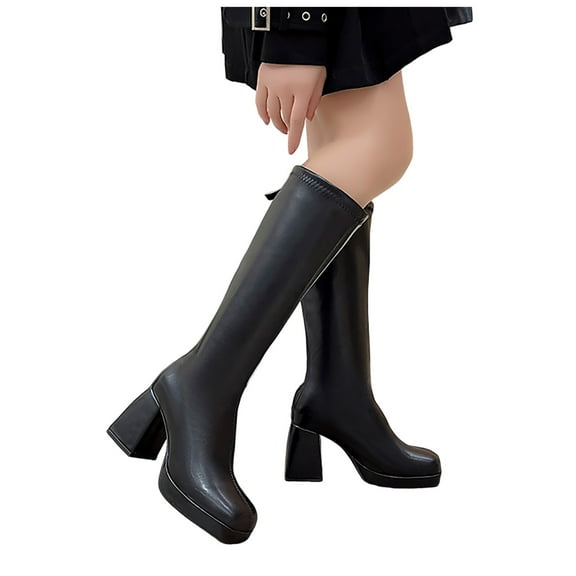 Oyedens Platform Knee High Boots for Women 2024 Fashion Leather Square Toe High Heel Dress Tall Boots