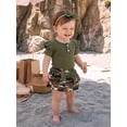 thumbnail image 5 of Baby Girl Summer Outfits Ribbed Knit Round Neck Short Sleeve Romper Camouflage Print Shorts Headband 3Pcs Clothes Set, 5 of 9