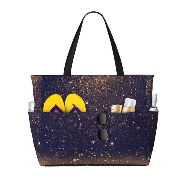 Fotbe Gold Black Glitter Bolsa de Viaje para Playa - Resistente al Agua, Bolsa Tote de Gran Capacidad y Ligera con 7 Bolsillos para Mujeres y Hombres