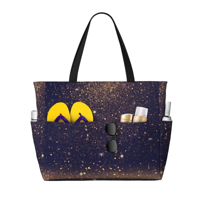 Fotbe Gold Black Glitter Bolsa de Viaje para Playa - Resistente al Agua, Bolsa Tote de Gran Capacidad y Ligera con 7 Bolsillos para Mujeres y Hombres