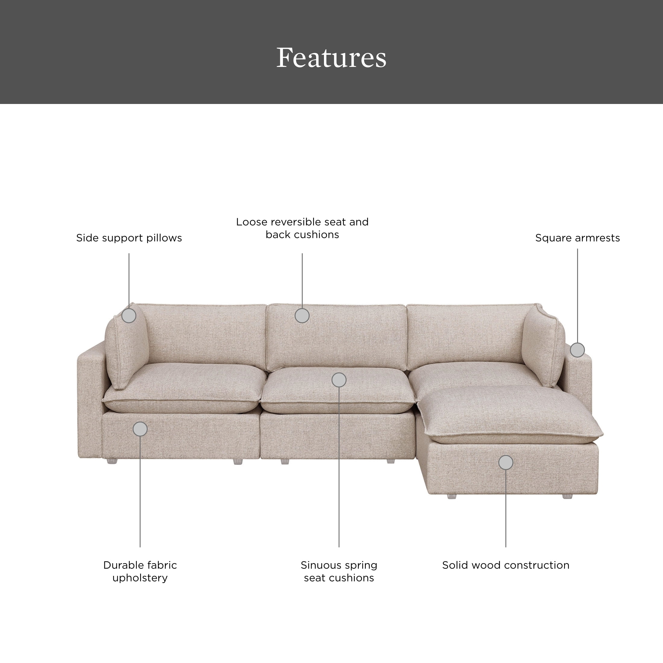 Better Homes & Gardens Weston 107.5" Cloud Modular Sectional Sofa, Heathered Wheat