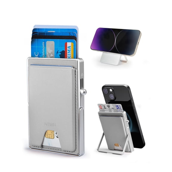 WIWU for iPhone Wallet 7 Card with Adjustable Stand RFID Blocking Minimalist Metal Leather Magnetic Card Holder for iPhone 16/15/14/13/12 Series Android Phones (Grey)