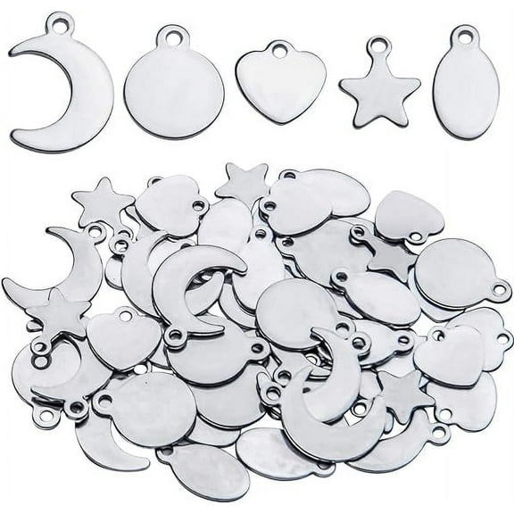 Aylifu Tag Pendants, 50pcs Stainless Steel Tag Pendants Charms Blank Stamping Flat Mixed Shapes Metal Tag Pendants for Bracelet Necklace Earring DIY Jewelry Making