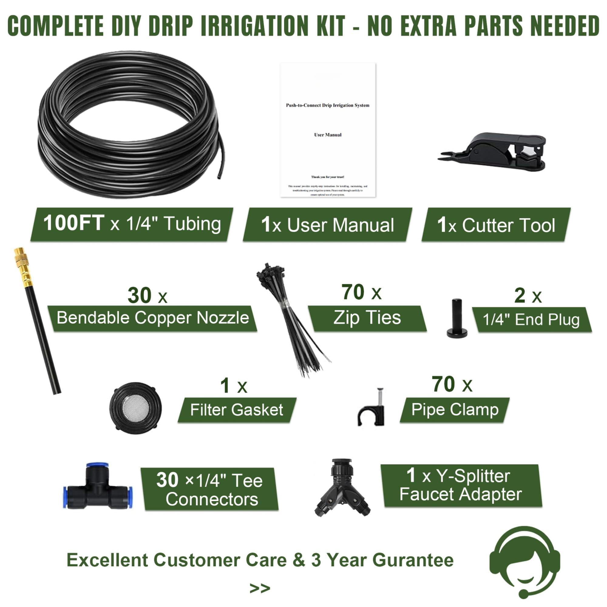 100ft Drip Irrigation System Kit Dual-zone Garden Atomizing Watering With 30 Copper 360° Adjustable Bendable Nozzles Y-splitter  Leak-proof 1/4" Misting For Greenhouse Raised Beds
