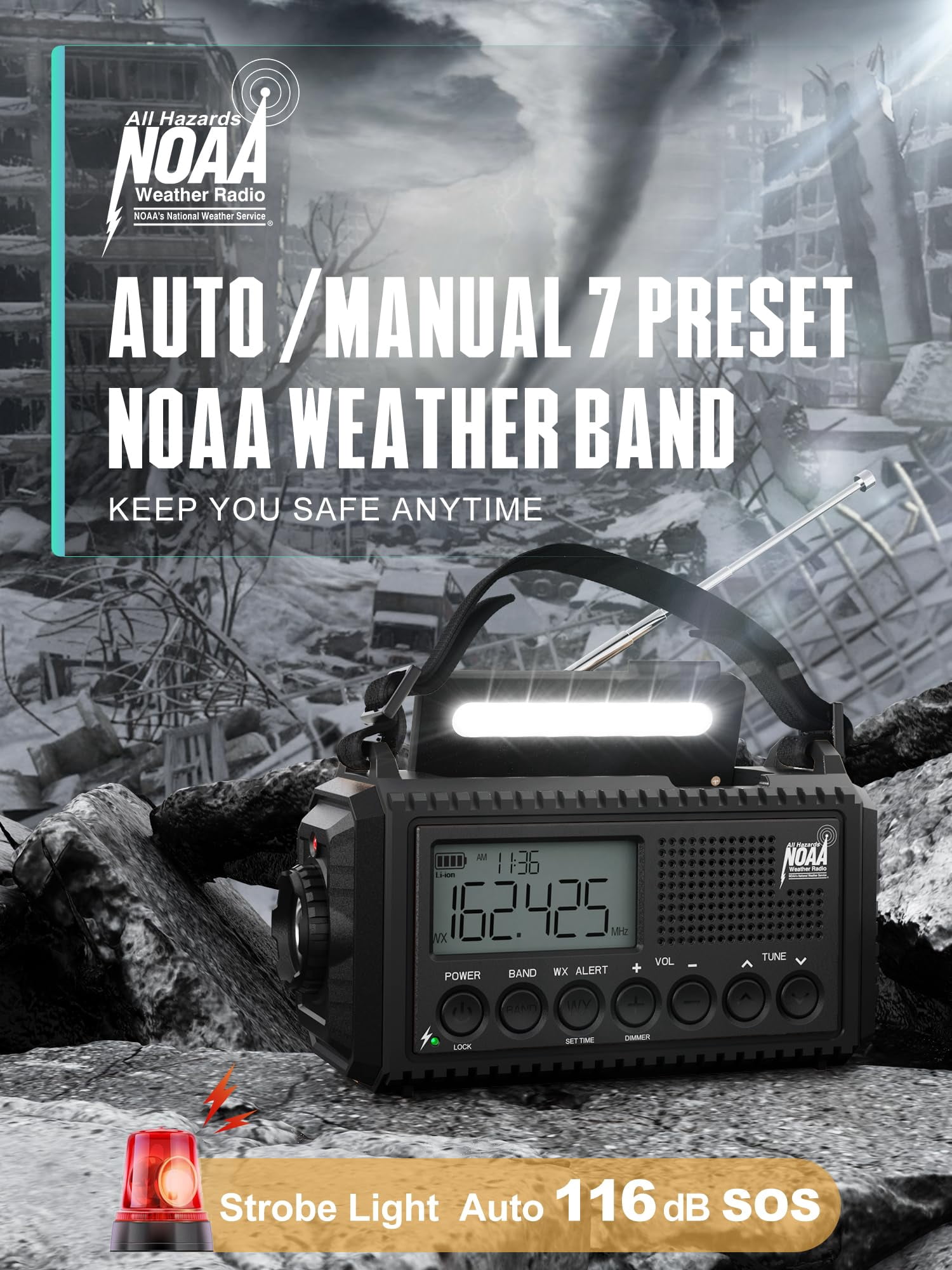 5000 Hand Crank Emergency Radio  Noaa Weather With Backlit Lcd Screen 5 Way Am/fm/shortwave &solar Rechargeable Flashlight & Reading Light Sos Alarm Cell Phone