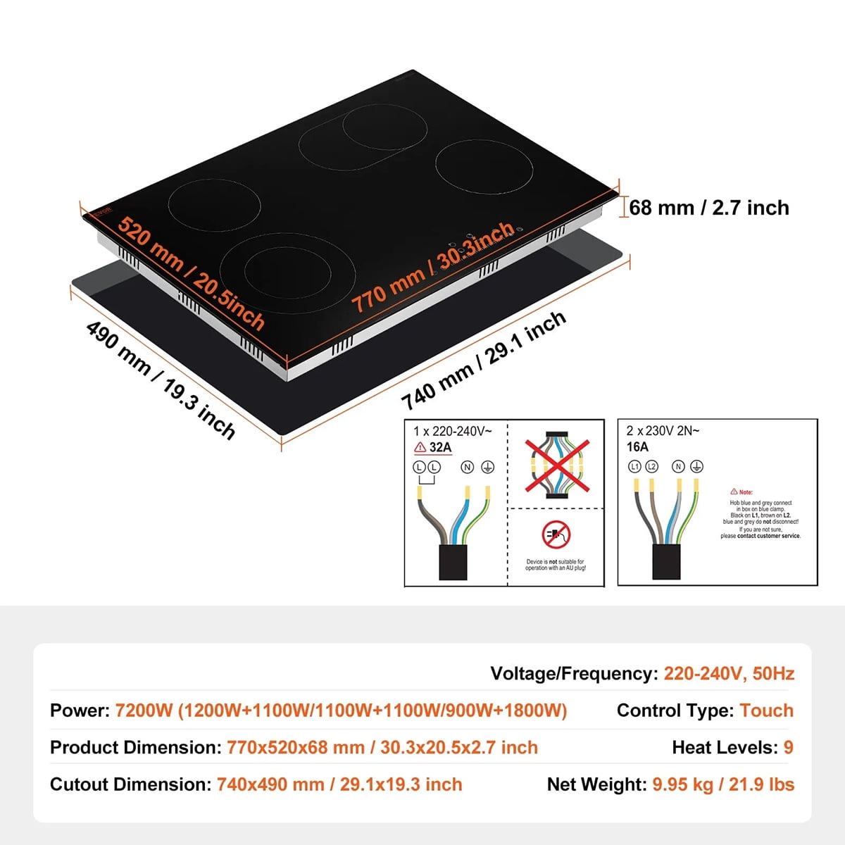 30 Inch Built-In Electric Cooktop, 4 Burner Ceramic Glass Cooktop with Knob Control - 7200W, 11 Heat Levels, 240V Hardwired Installation (No Plug)