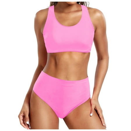 JIANJIA Swim Suits for Women Summer Solid Color Strappy Sexy Push Up Bra And Panty Set Vintage Sports Two Piece Tankinis Swimwears Holiday Wear Pink L