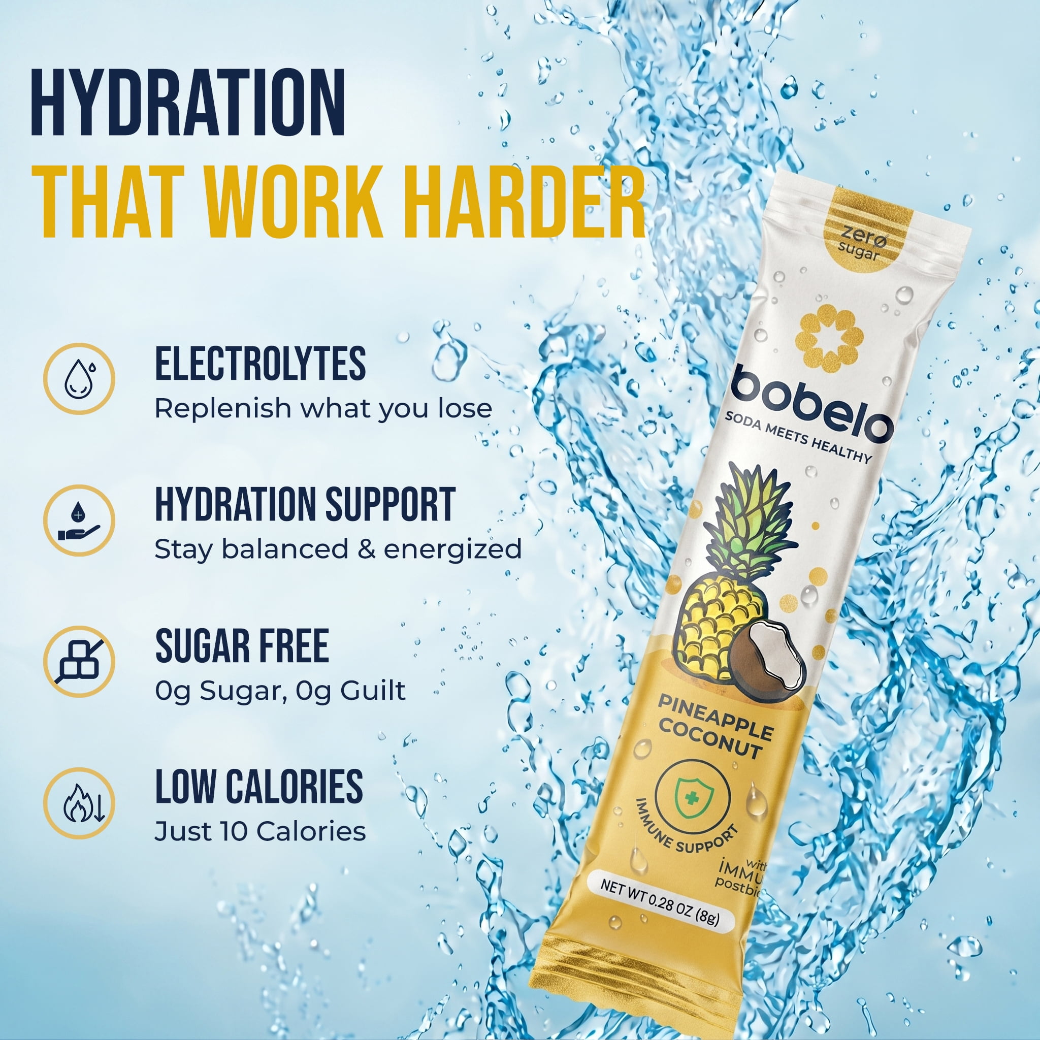 Bobelo Hydration Drink Mix, Pineapple Coconut, Electrolyte Powder, Stress Support, 15 Ct, 0.28 oz