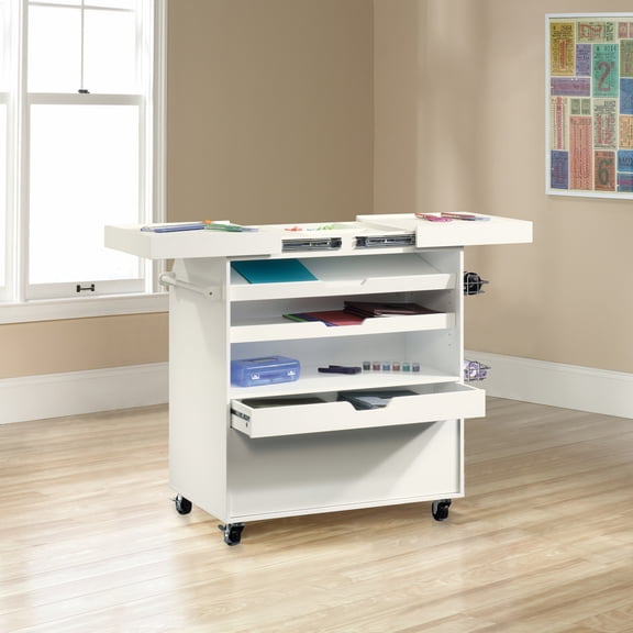 White Finish Craft Cart 3-Tier Rolling Storage with Drawers Ideal for Art Supplies & DIY Projects