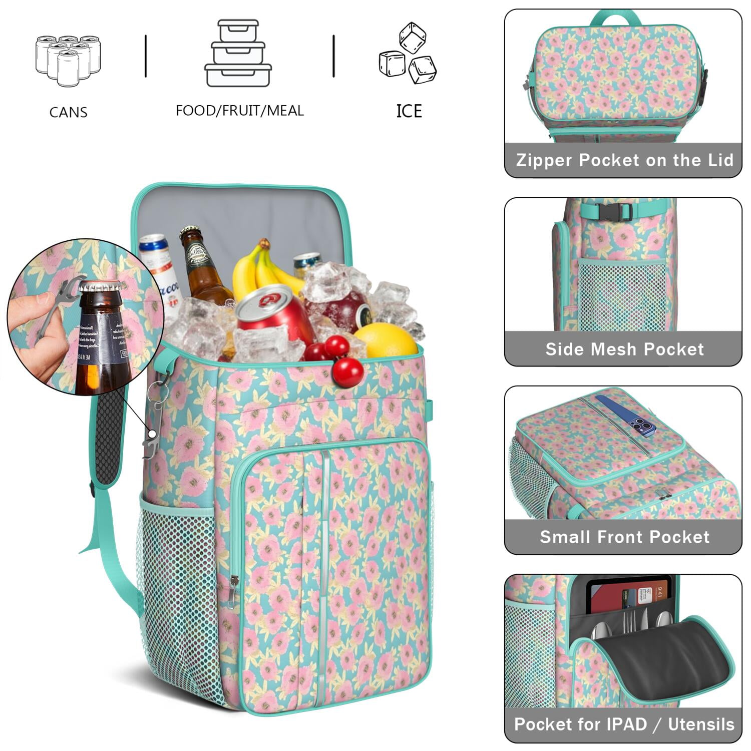 Travel Cooler Bag - Pioneer Flower Floral Print Pattern Camping Beer Cooler Backpack with Bottle Opener- Waterproof Insulated Picnic Backpacks - Cooler Bag for Beach