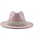 thumbnail image 4 of Sombreros Fedora de Jazz de lana para hombre y mujer, sombrero de fieltro con cinta de perlas de cuero, blanco, rosa, amarillo, Trilby de panamá, gorra de fiesta Formal, 58-61CM, 4 of 4