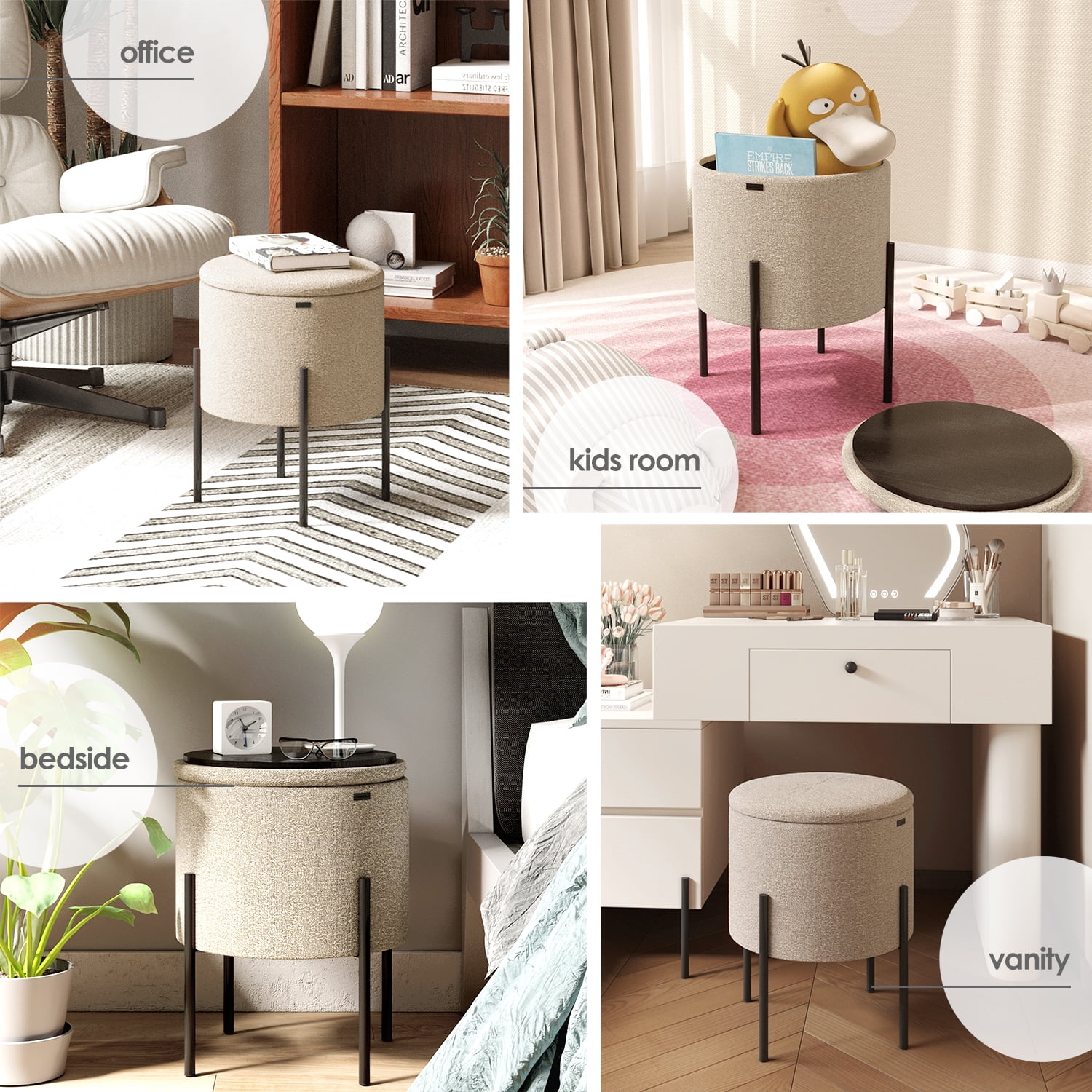 LammaLoe Small Round Ottoman with Storage, Boucle Ottoman Foot Stool with Lid, Upholstered Vanity Stool for Living Room & Bedroom, Beige