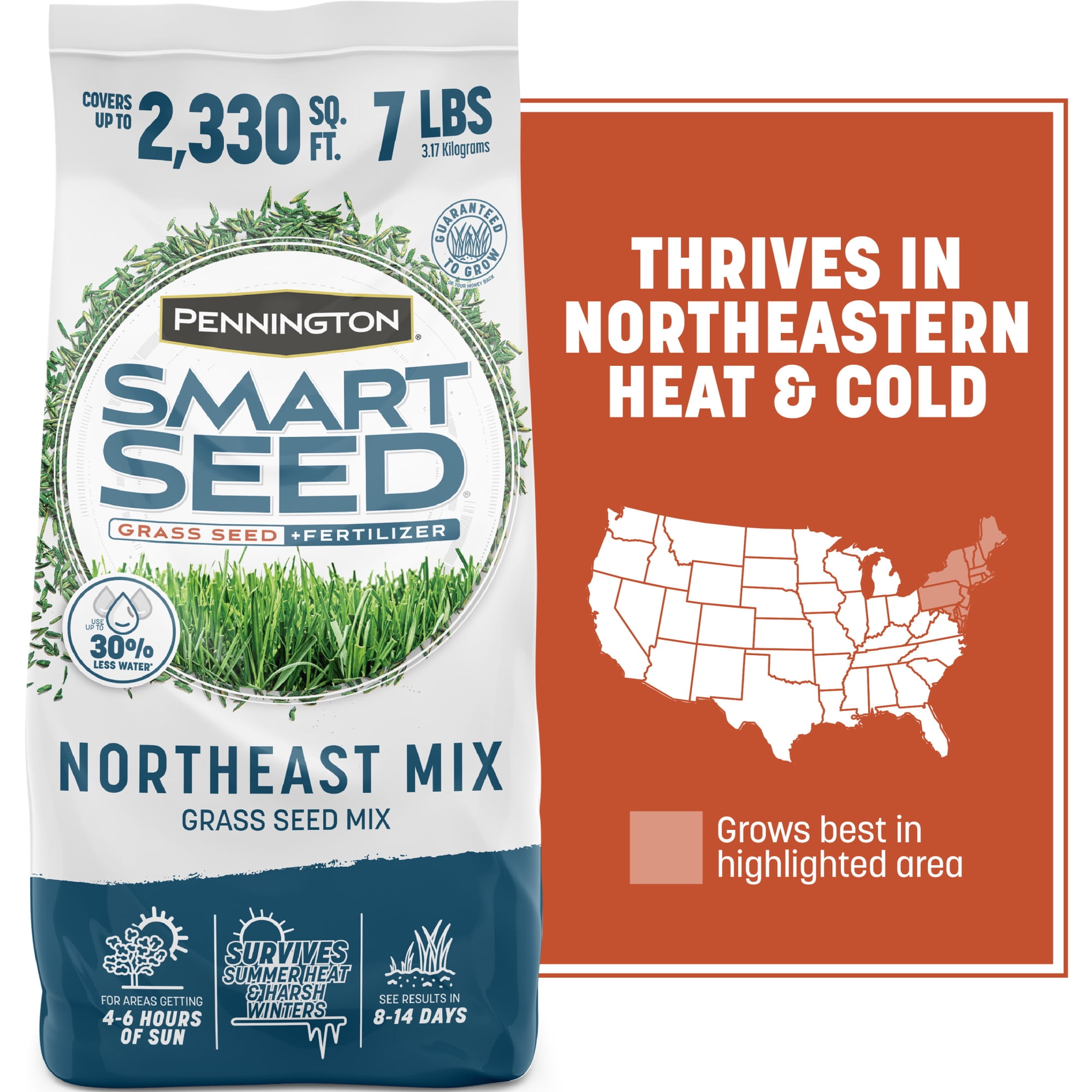 Pennington Smart Seed Northeast Grass Seed and Fertilizer Mix, For Sun to Partial Shade, 7 lb, New Bag