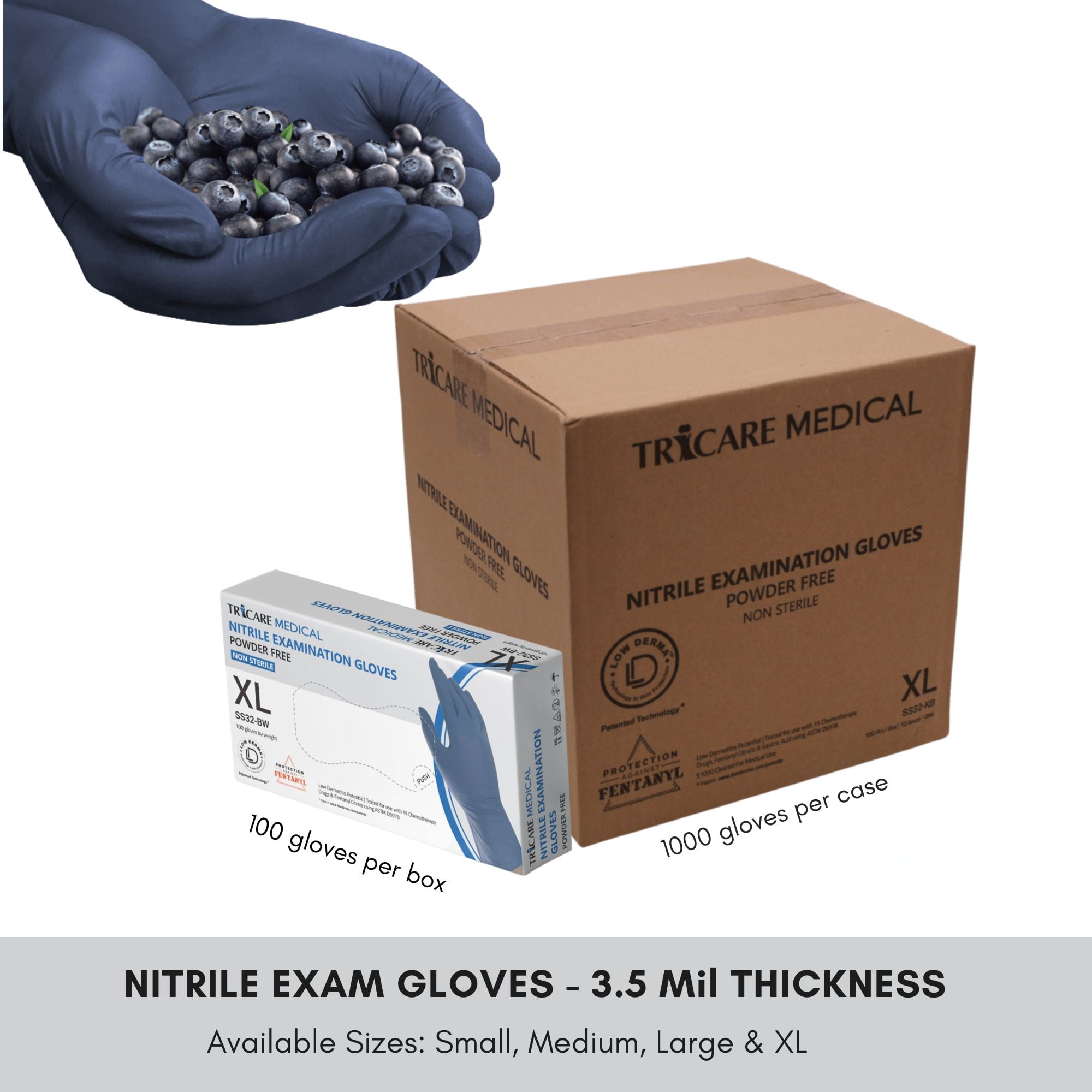 TRICARE Medical Nitrile Exam Gloves, Medium, 1000 Count, Berry Blue, Latex Free Powder Free, 3.5 Mil