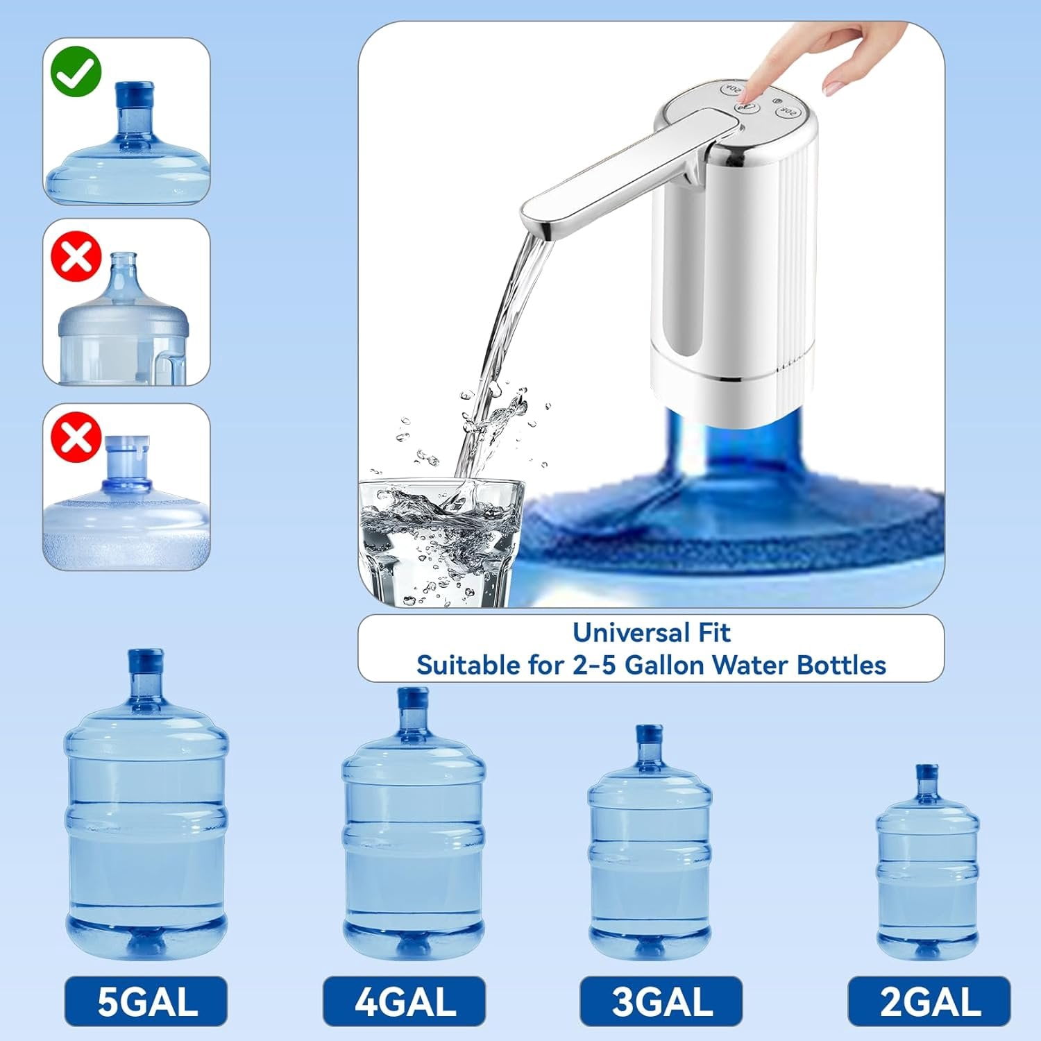Water Dispenser for 5 Gallon Bottle, Automatic Water Pump with Foldable Spout, USB Rechargeable, Portable Water Jug Dispenser for Camping, , Office