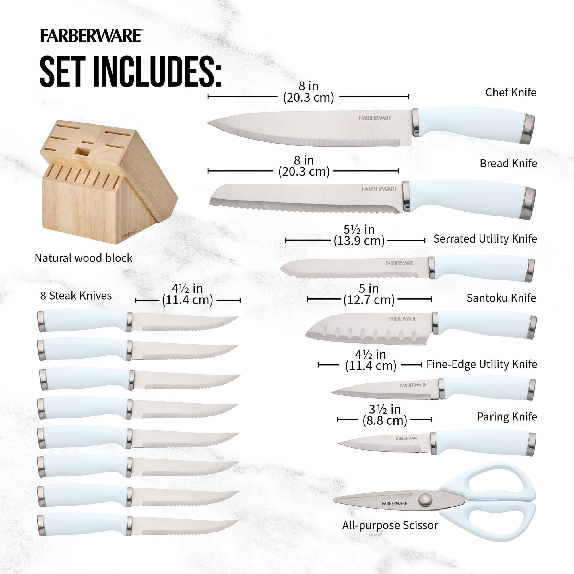 Farberware Classic 16-Piece Natural Knife Block Set with Kitchen Shears, Ice Blue