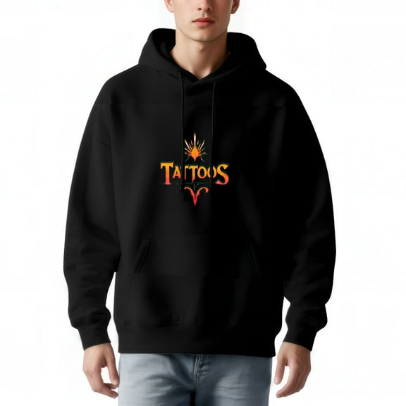 Men's Black Hoodie with Front Pocket ' TATTOOS ' Symbol Stylish Long Sleeve Pullover Sweatshirt with Drawstrings