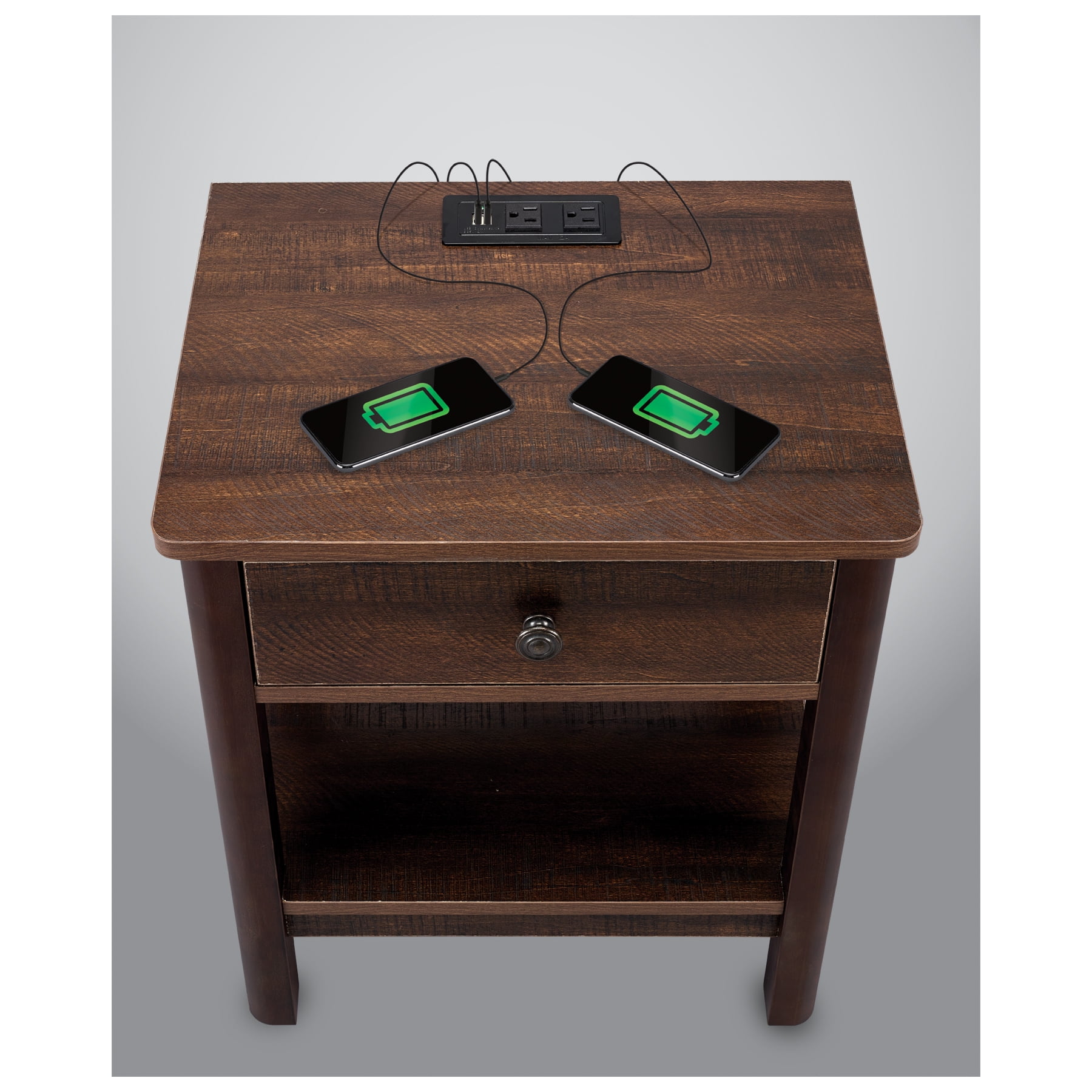 DecorTech Traditional Rectangular End Table with AC Power and USB Charging Ports, Walnut