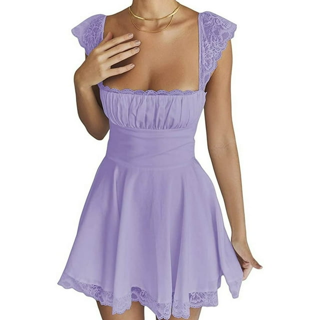 Robe Mini à Volants pour Femmes Féerique Vintage Moulante Col Carré Robe Courte Mignonne Patchwork Dentelle Y2k Robes Blanches