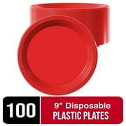 Exquisite 9 Red Disposable Party Plastic Plates, 100 Count, Heavy Duty 350 GSM Plate