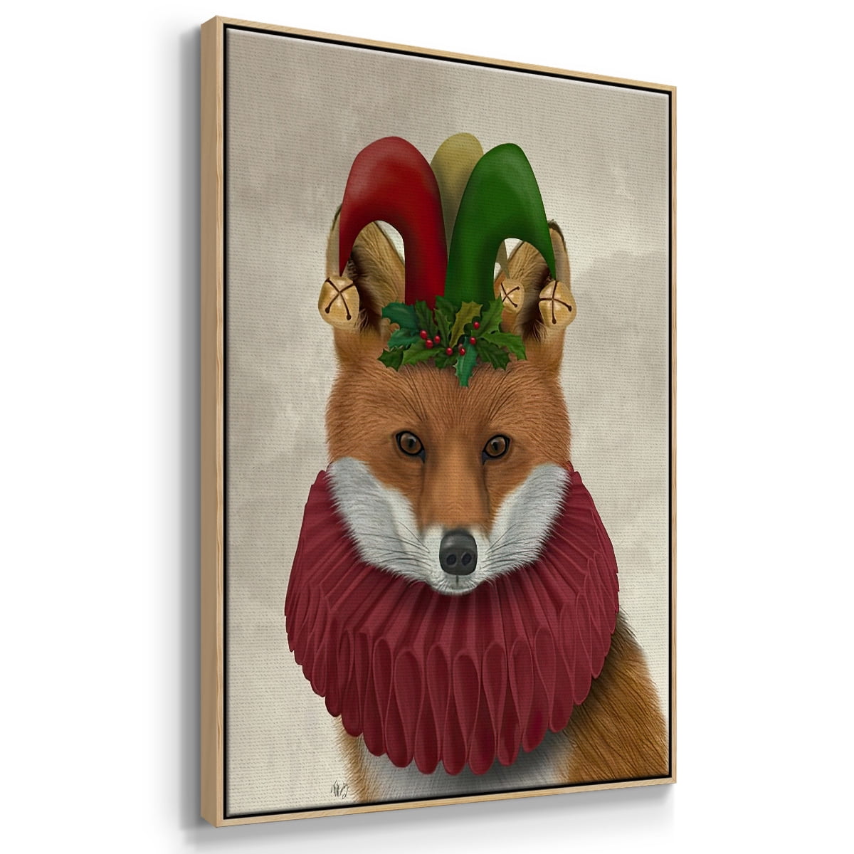 Christmas Foxy Christmas Fool - Framed Gallery Wrapped Holiday Canvas - 27 x 41 - Natural Wood Frame