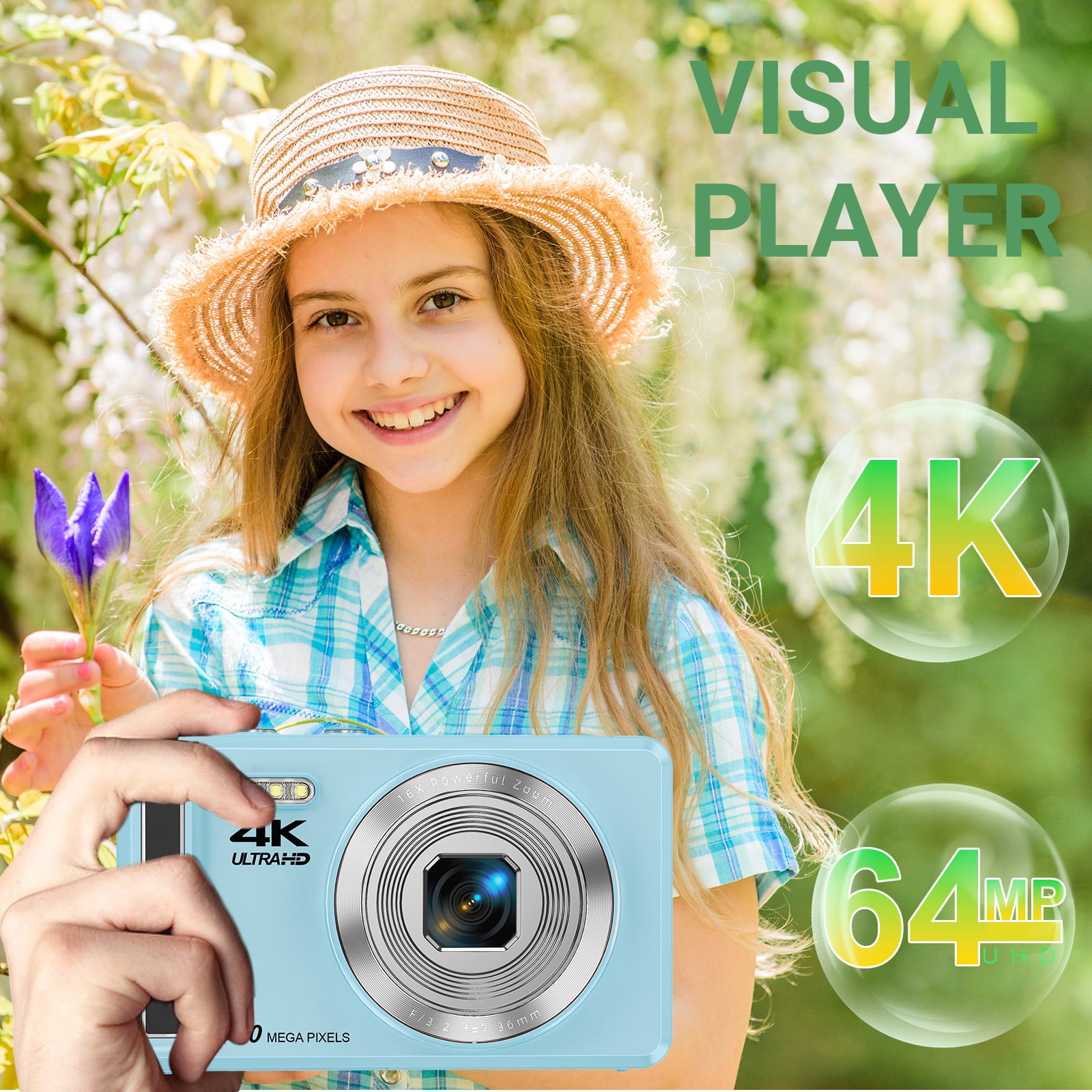 MARVUE Digital Camera 4K UHD 64MP, Autofocus Compact Camera with 16X Digital Zoom, 32GB SD Card, 2 Batteries - Blue