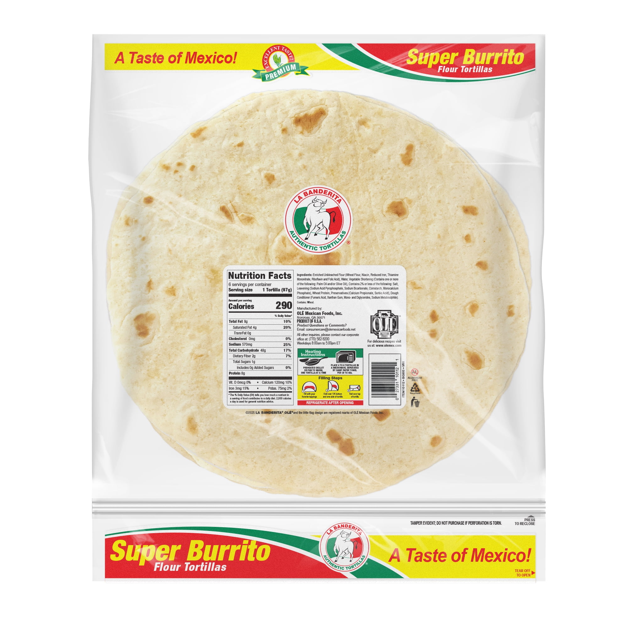 La Banderita Grande 12 inch Burrito Flour Tortillas 6 Count