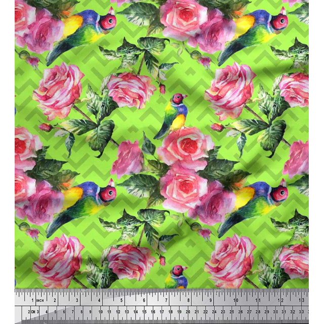 Soimoi Moss Georgette Tissu Oiseau, Feuilles & Rose Imprimé Floral 1 Yard 42 Inch Wide