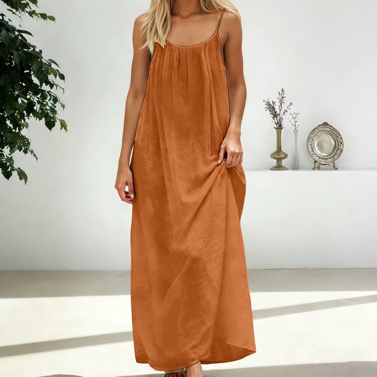 XIAOCHA Women's Solid Spaghetti Strap Dress Loose Flowy Scoop Neck Maxi  Dress Airy Minimalist Casual Dresses - Walmart.com