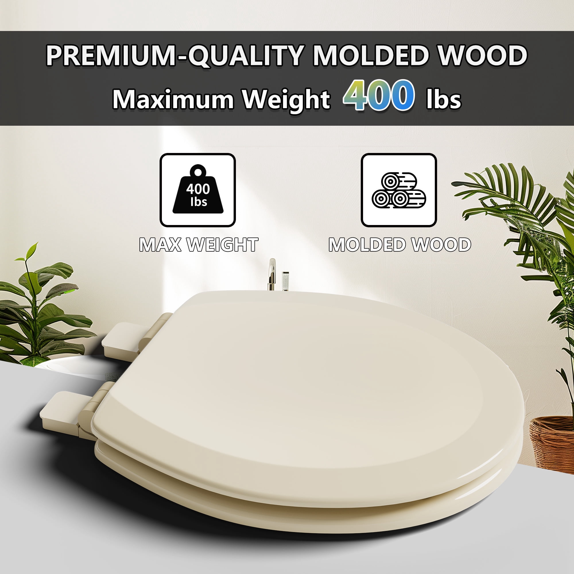 Angol Shiold Wood Toilet Seat with Non-Slip Adjustable Hinges, Quiet-Close ( Beige, Round 16.5'' )