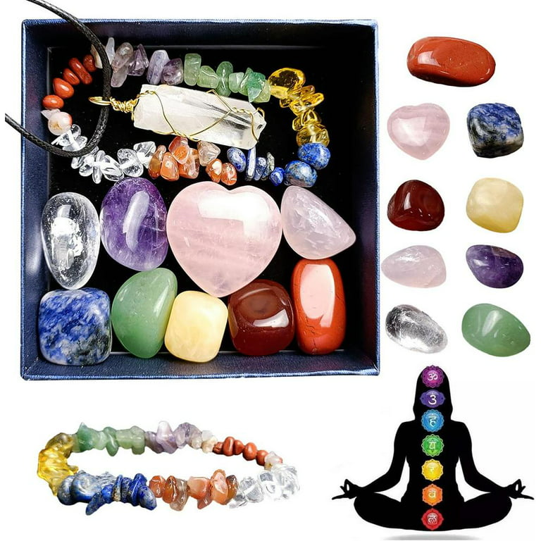AtPerry's 16 Large Natural Healing Crystals Set in Wooden Box - Tumbled, Rough & Raw Crystals, Including Selenite Tower, Black Tourmaline, Amethyst, R