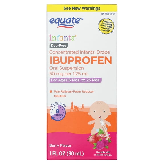 Equate Infants' Dye-Free Ibuprofen Oral Suspension Concentrated Drops, 50 mg, Berry Flavor, Ages 6 Mos to 23 Mos, 1 fl oz, Compare to Concentrated MotrinÂ® Infants' Drops Active Ingredient