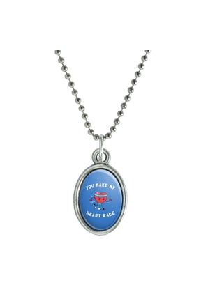 You Make My Heart Race Funny Humor Antiqued Oval Charm Pendant with Chain